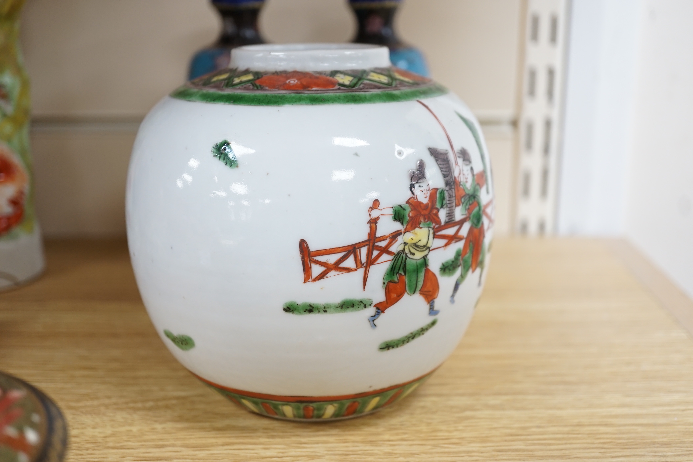 A Satsuma covered pot, a pair of cloisonné enamel vases and a Chinese ginger jar